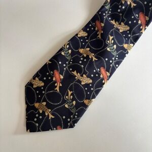 Jim Thompson Silk Necktie Mens One Size Navy Blue Koi Fish Nautical Print
